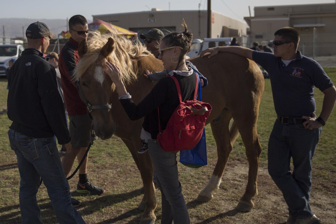 Combat Center patrons meet Ares, a horse from the Marine Corps Mounted Color Guard, during the Earth Day Extravaganza aboard the Combat Center at Lincoln Military Housing Athletic Field April 15, 2016. (Official Marine Corps photo by Cpl. Connor Hancock/Released)