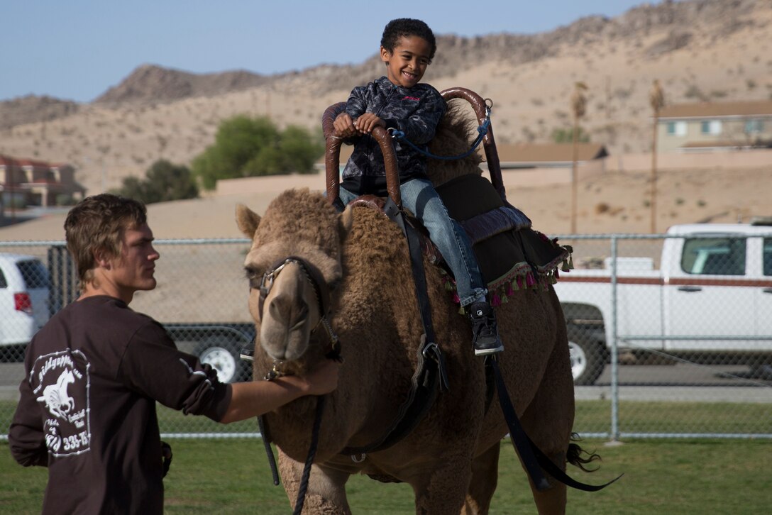Mikey Feliciano, son of Staff Sgt. Anthony Feliciano, imagery analyst, Unmanned Vehicle Aerial Squadron 1, rides a camel during the Earth Day Extravaganza aboard at Lincoln Military Housing Athletic Field April 15, 2016. (Official Marine Corps photo by Cpl. Connor Hancock/Released)