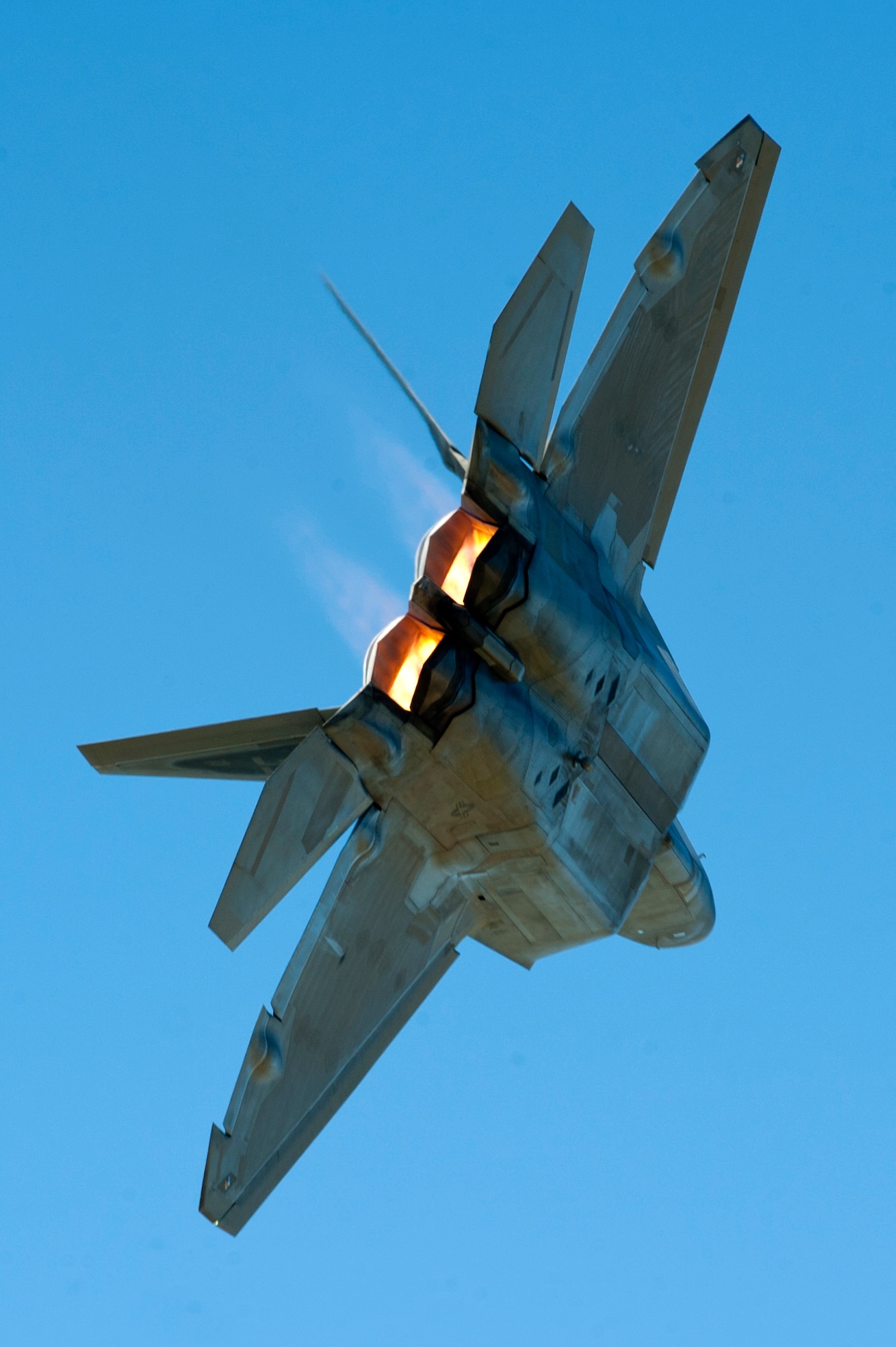 The Air Combat Command F-22 Raptor Demonstration Team aircraft flies during the AirPower over Hampton Roads Open House at Langley Air Force Base, Va., April 24, 2016. The open house is a free and open to the public showcase of modern and historical military aircraft and civilian performers. (U.S. Air Force photo by Senior Airman R. Alex Durbin)