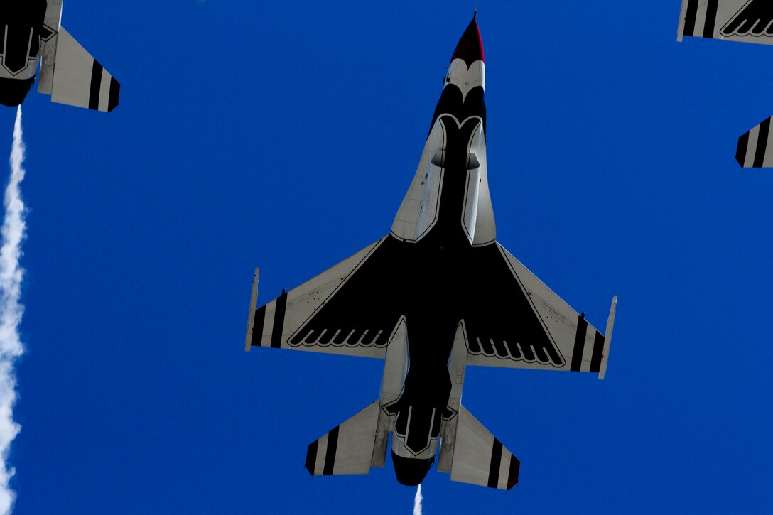 The U.S. Air Force Thunderbirds aerial demonstration team performs during the AirPower over Hampton Roads Open House at Langley Air Force Base, Va., April 24, 2016. The Thunderbirds were the finale of the show that featured the future, present and past of air power capabilities. (U.S. Air Force photo by Staff Sgt. Natasha Stannard)