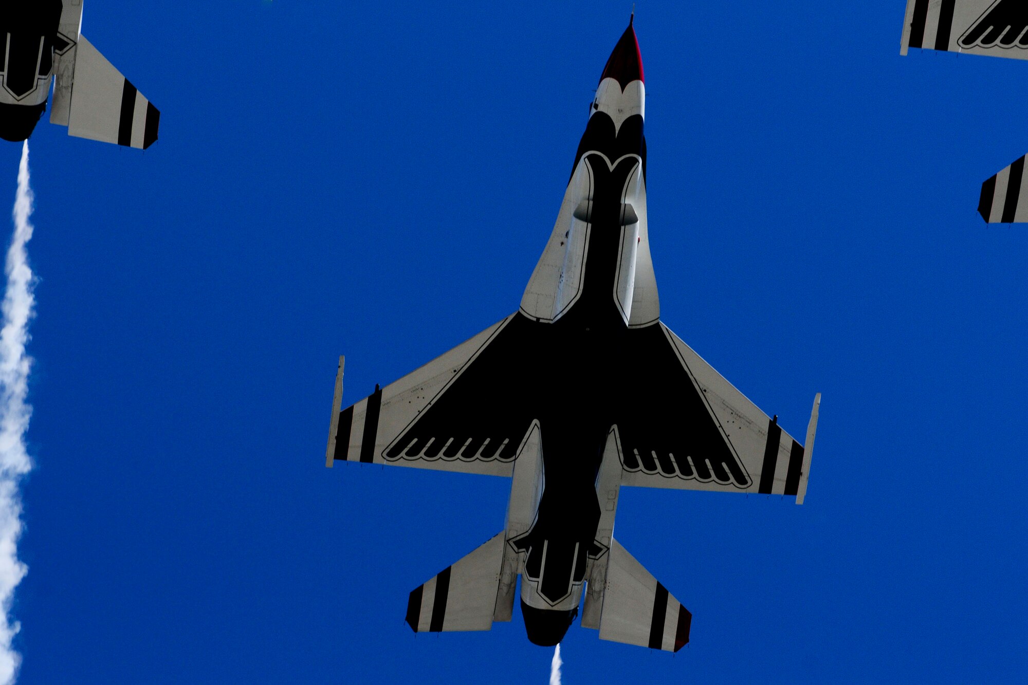 The U.S. Air Force Thunderbirds aerial demonstration team performs during the AirPower over Hampton Roads Open House at Langley Air Force Base, Va., April 24, 2016. The Thunderbirds were the finale of the show that featured the future, present and past of air power capabilities. (U.S. Air Force photo by Staff Sgt. Natasha Stannard)