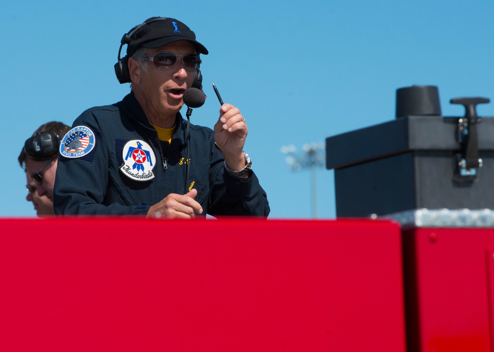 Rob Reider, program announcer, introduces performers during the AirPower over Hampton Roads Open House at Langley Air Force Base, Va., April 24, 2016. Reider is an air show announcer, recipient of the coveted ICAS “Sword of Excellence,” entertainer, pilot, television personality, singer, performer, writer and winner of five Emmy awards. (U.S. Air Force photo by Staff Sgt. J.D. Strong II)