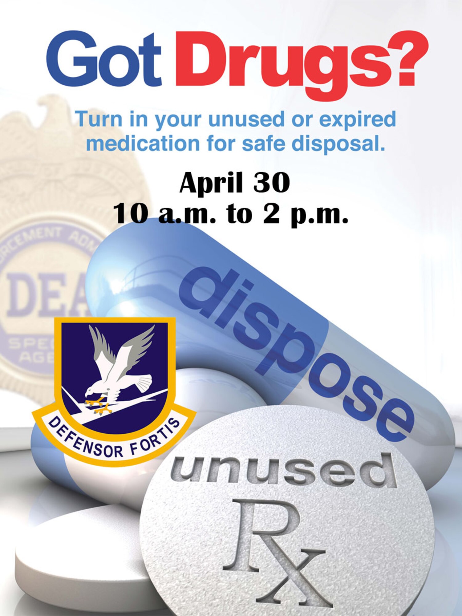 The 66th Security Forces Squadron will hold a one-day Drug Take-Back event April 30 from 10 a.m. to 2 p.m. at the Army and Air Force Exchange Service lobby, Building 1725 and at the installation’s two gates.