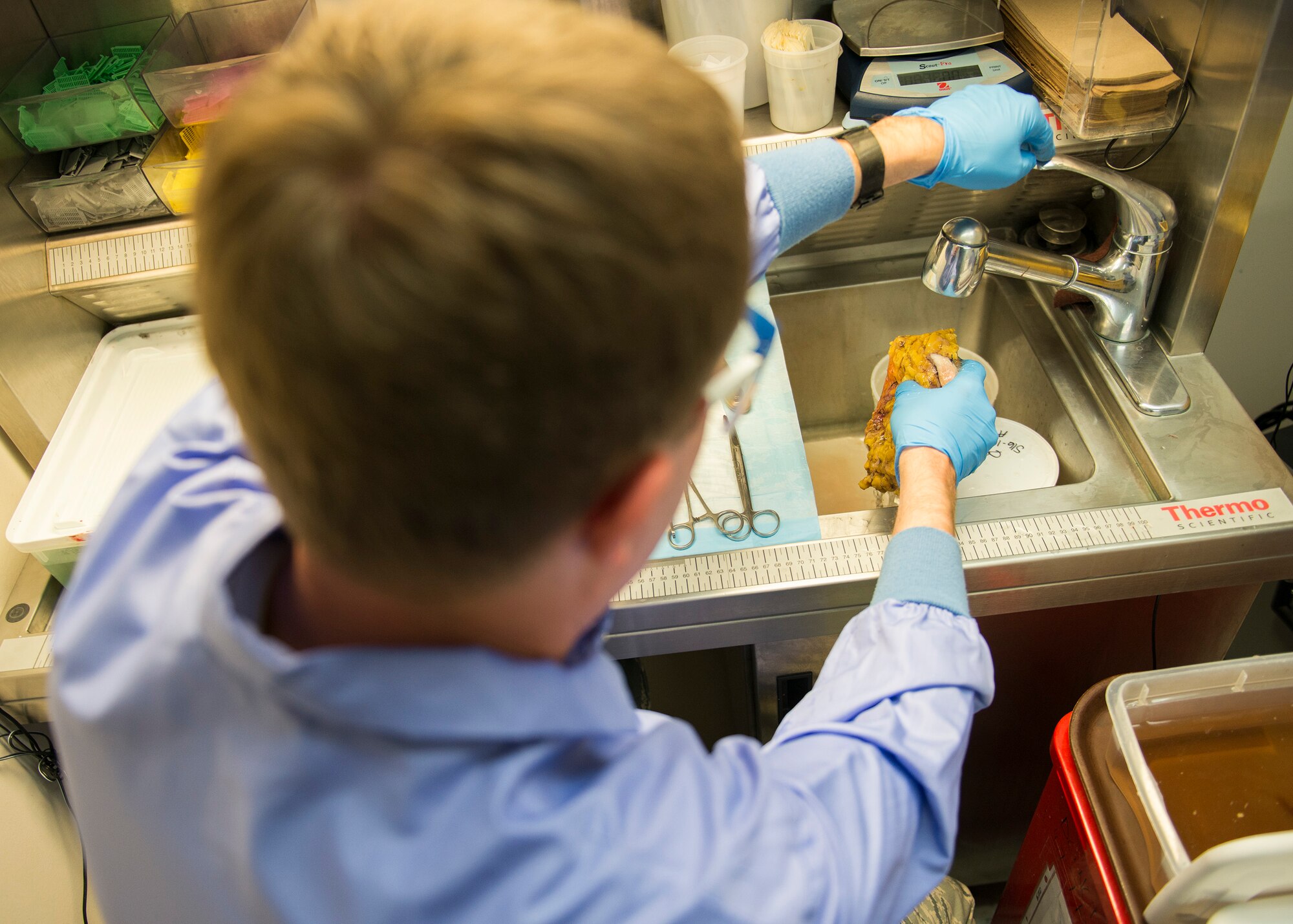 Maj. Michael McFall, 96th Medical Group pathologist, rinses tissue for examination April 14 at Eglin Air Force Base, Fla. McFall examines the patient’s tissue to look for abnormalities before cutting samples to examine under a high-powered microscope. Histology technicians process the tissue and transfer it to the glass slides pathologist study to make the patient’s diagnosis.