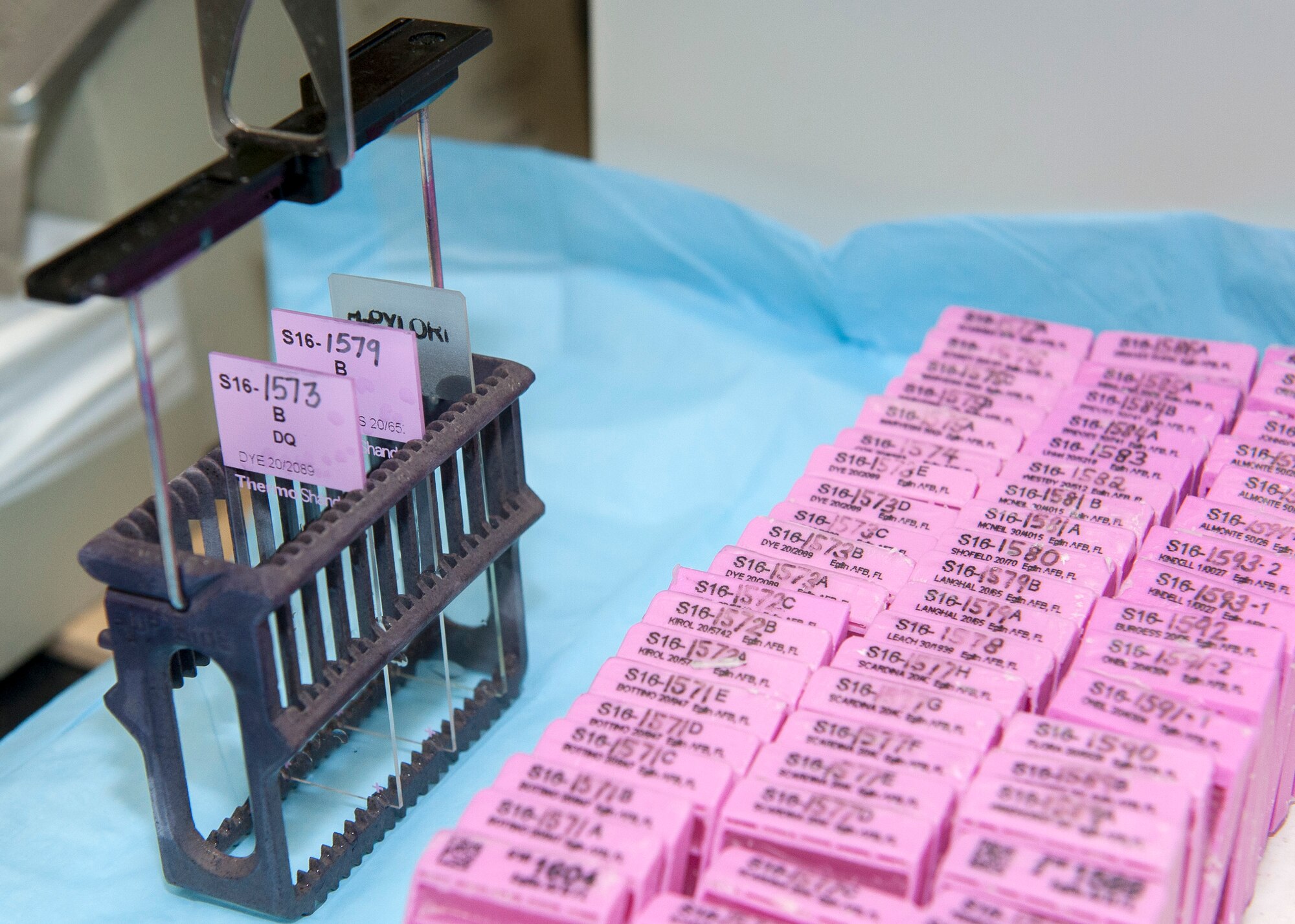 Patient tissue in numbered wax blocks sit ready to be sliced March 30 at Eglin Air Force Base, Fla. Histology technicians slice the wax blocks of patient tissue to form thin ribbons that are transferred onto microscopic glass slides. The glass slides are studied by pathologists to make the patient’s diagnosis. (U.S. Air Force photo/Ilka Cole)