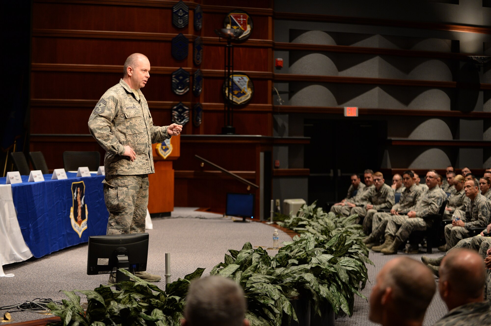 Chief Master Sgt. James W. Hotaling, the command chief master sergeant of the Air National Guard, addresses a broad spectrum of enlisted Airmen from across the United States during a professional development session of the Command Chief’s Huddle at the Senior Noncommissioned Officer Academy at Maxwell-Gunter Air Force Base in Montgomery, Ala., April 17, 2016. The Command Chief’s Huddle brings together command chief master sergeants and other senior enlisted leaders representing the 54 states, territories and the District of Columbia, to openly discuss and solve the issues and challenges enlisted Guardsmen face. To promote professional development, leadership invited Airmen at all levels to attend the first day of the Chief's Huddle to voice their questions and concerns.(U.S. Air National Guard Tech. Sgt. William Buchanan/Released)