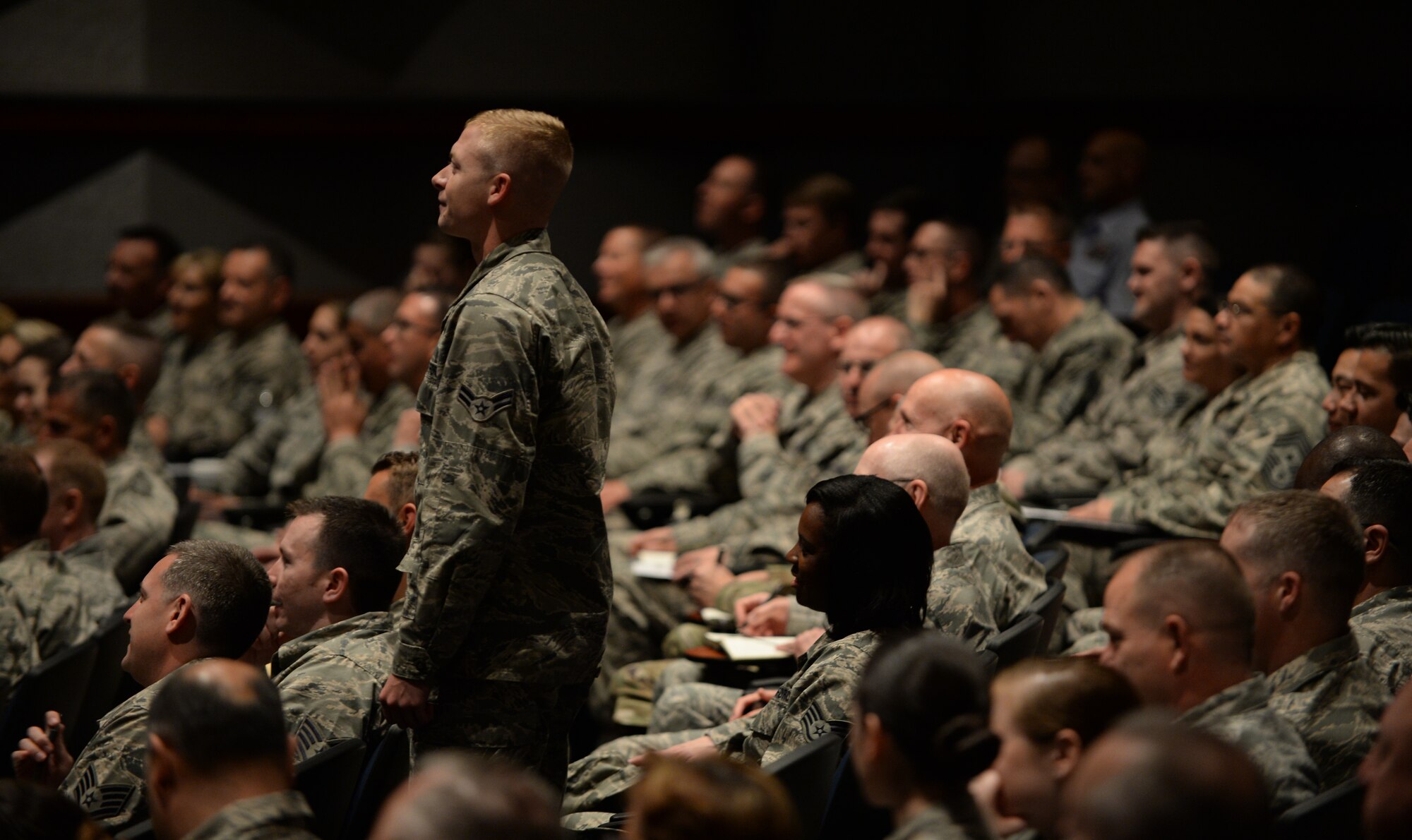 Airman 1st Class Kyle Coggins, command support staff for the 188th Wing at Ebbing Air National Guard Base at Ebbing Air National Guard Base in Fort Smith, Ark., addresses Chief Master Sgt. James W. Hotaling, the command chief master sergeant of the Air National Guard, during a professional development session of the Command Chief’s Huddle at the Senior Noncommissioned Officer Academy at Maxwell-Gunter Air Force Base in Montgomery, Ala., April 17, 2016. The Command Chief’s Huddle brings together Command Chief Master Sergeants and other senior enlisted leaders that represent the 54 states territories and the District of Columbia to openly discuss and solve the issues and challenges enlisted Guardsmen face.(U.S. Air National Guard Tech. Sgt. William Buchanan/Released)