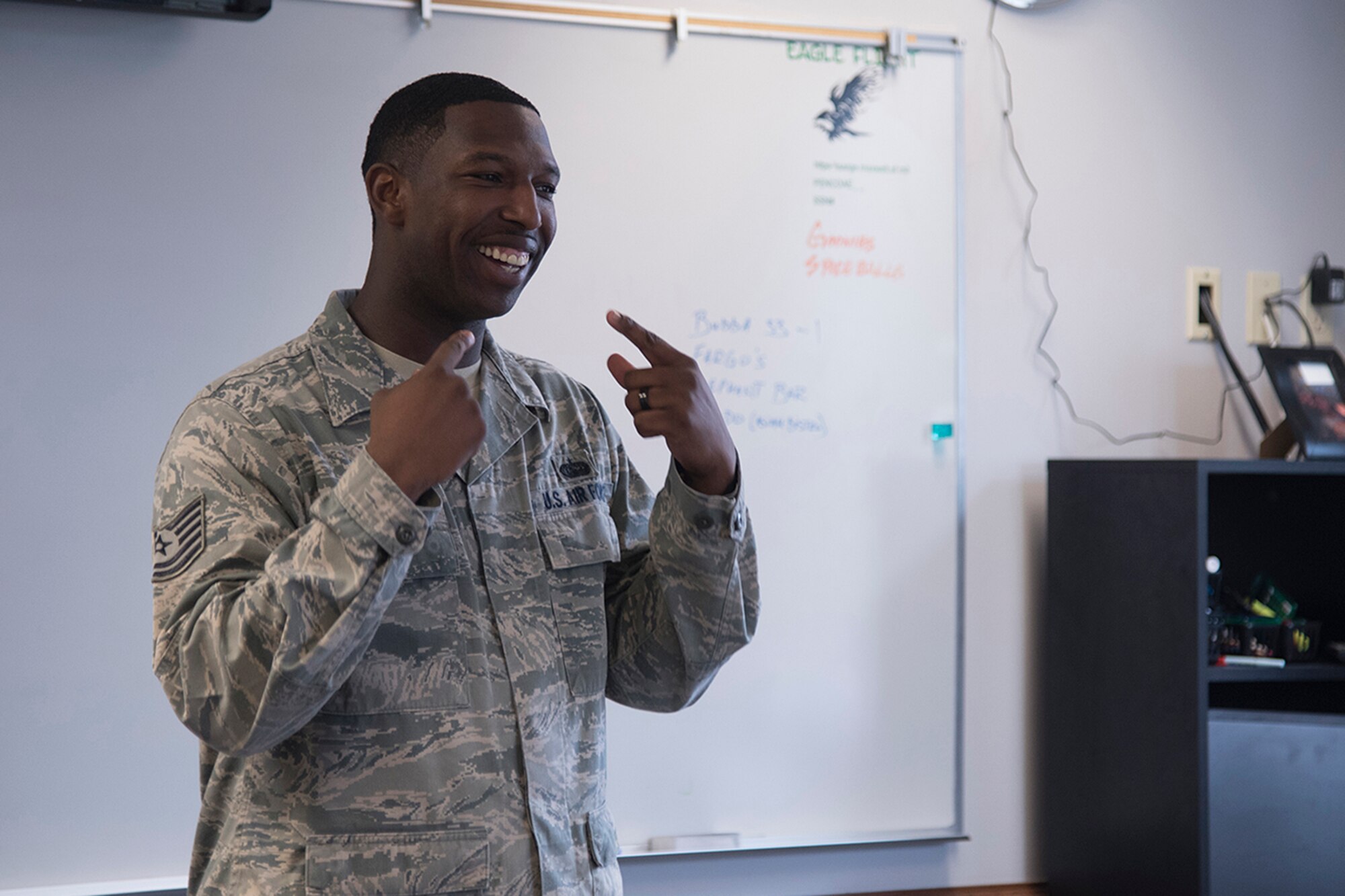 PETERSON AIR FORCE BASE, Colo. – Tech Sgt. Lloyd Kelly, 92nd Communications Squadron at Fairchild AFB, Washington, and Vosler Noncommissioned Officer Academy graduate, presents his final speech before graduating the academy at Peterson Air Force Base, Colo., April 11, 2012. The Vosler NCOA graduated 96 students through the new Intermediate Leadership Experience course on April 12, 2016. (U.S. Air Force photo by Staff Sgt. Tiffany DeNault)