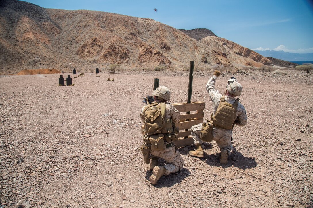 A U.S. Marine with the 13th Marine Expeditionary Unit throws a simulated fragmentation grenade while his buddy provides suppressive fire during weapons familiarization training and drills on Range TC-02 during Western Pacific Deployment 16-1, Djibouti, Africa, April 17, 2016. The Marines are conducting weapons familiarization training and drills while in Djibouti to stay mission ready while in the SECOM area of operation.  (U.S. Marine Corps photo by Sgt. Hector de Jesus/RELEASED)