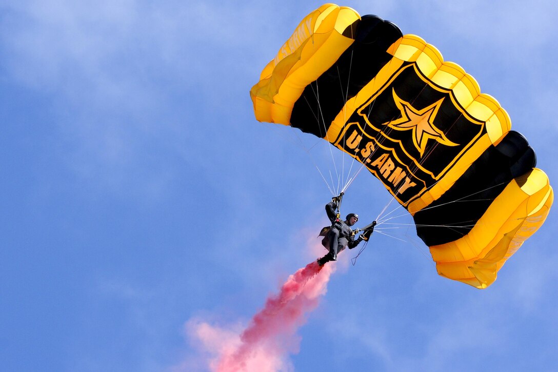 A member of the Golden Knights, the Army’s parachute team, performs during the Air Power Over Hampton Roads Open House at Joint Base Langley-Eustis, Va., April 23, 2016. The Golden Knights led the show’s opening ceremony. Air Force photo by Staff Sgt. Natasha Stannard