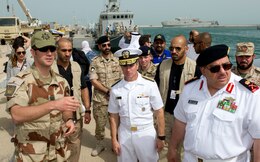 (April 14, 2016) Vice Adm. Kevin Donegan, Commander, U.S. Naval Forces Central Command/U.S. 5th Fleet/Combined Maritime Forces, middle, and Maj. Gen. Khaled Abdullah, Commander, Kuwait Naval Forces, right, meet with French service members during International Mine Countermeasures Exercise (IMCMEX) 16. IMCMEX 16 is a multilateral exercise using all aspects of defensive maritime warfare including mine countermeasures, maritime security operations and maritime infrastructure protection to demonstrate the global resolve to maintain freedom of navigation and the free flow of maritime commerce throughout the U.S. 5th Fleet area of operations. 