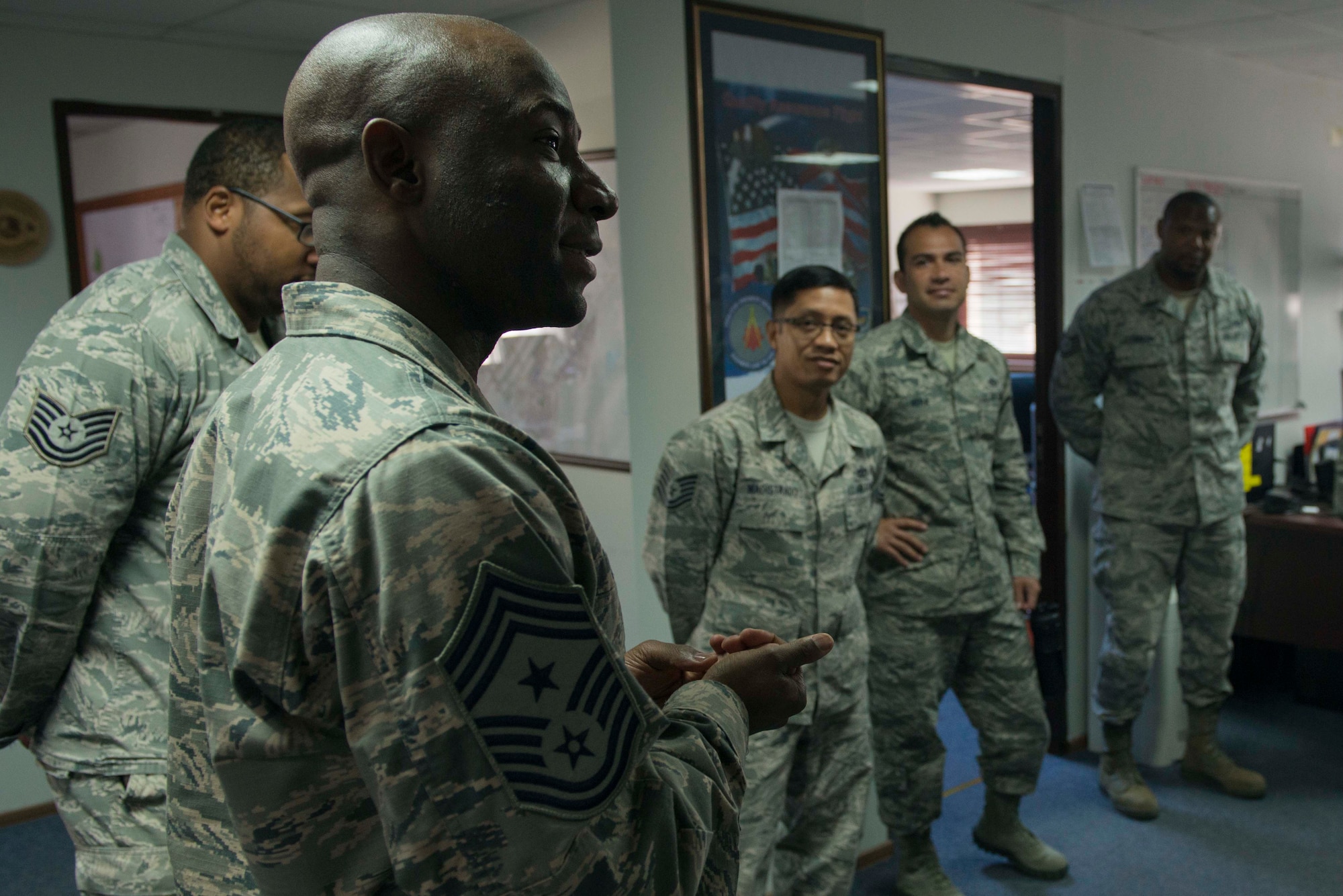 U.S. Air Force Chief Master Sgt. Vegas Clark, 39th Air Base Wing command chief, speaks to 39th Civil Engineer Squadron Airmen during a visit, April 25, 2016, at Incirlik Air Base, Turkey. The visit allowed wing leadership to meet with Airmen from different sections to learn more about the daily operations they perform. (U.S. Air Force photo by Senior Airman John Nieves Camacho/Released)