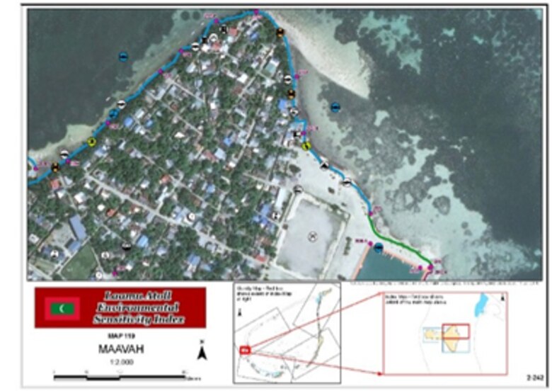 The Laamu Atoll ESI atlas includes detailed map sheets of biological resources, shoreline characteristics, and human-use features.