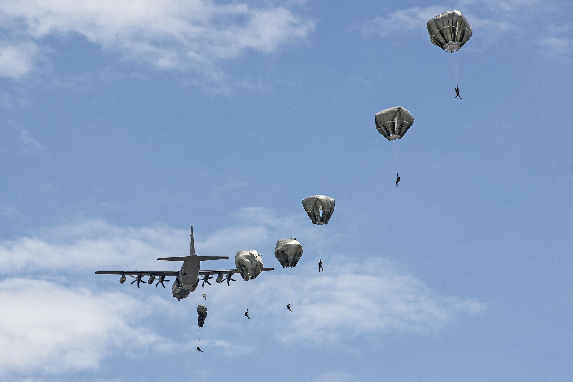 U.S. Air Force Airmen from the 820th Base Defense Group glide through the air during a memorial jump ceremony, April 21, 2016, at Henry Tift Myers Airport, Tifton, Ga. The Airmen jumped in memory of Tech. Sgt. Lee Fulp who lost his life in a motorcycle accident, July 11, 2015. (U.S. Air Force photo by Airman 1st Class Janiqua P. Robinson/Released)