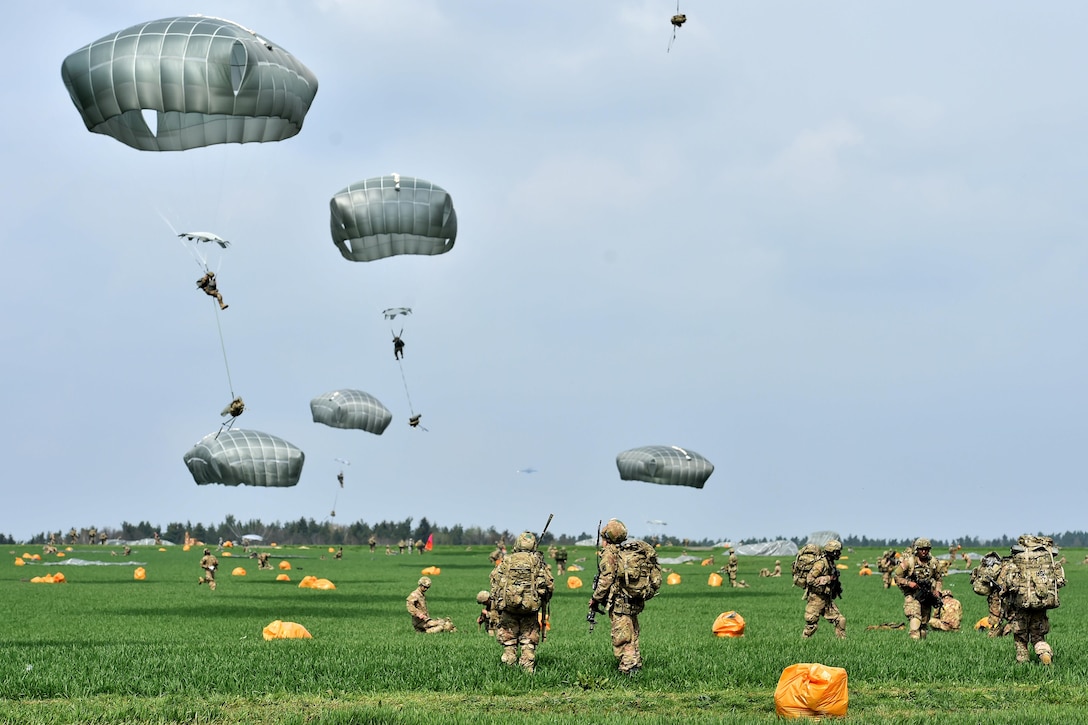 U.S., Italian and British paratroopers participate in an airborne operation during exercise Saber Junction 16 near Hohenfels, Germany, April 12, 2016. Army photo by Gertrud Zach