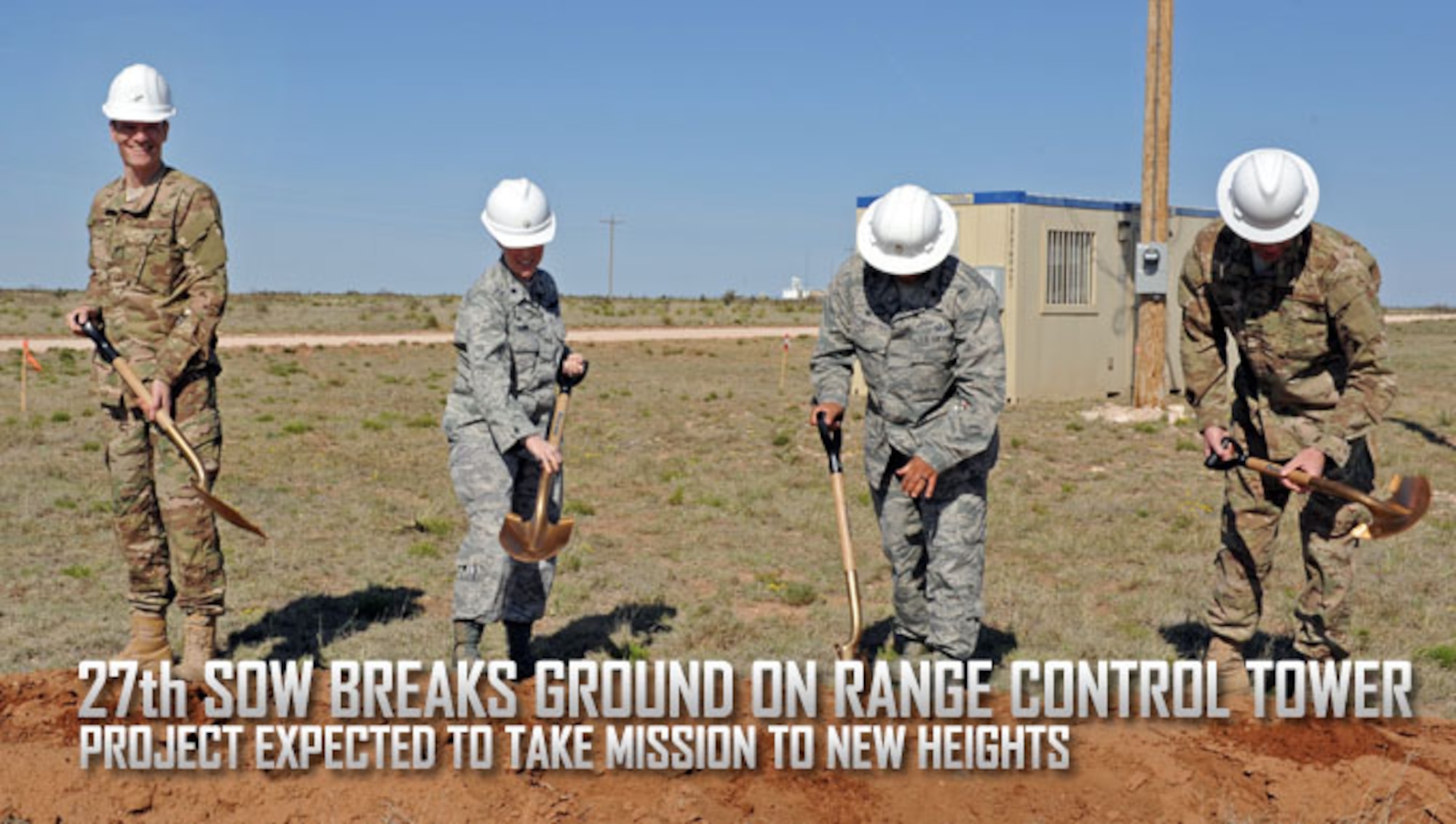 From left to right, Col. Ben Maitre, 27th Special Operations Wing Commander, Lt. Col. Shawn Young, 27th Special Operations Air Operations Squadron commander, Lt. Col. Tony Diaz, 27th Special Operations Contracting Squadron commander, and Lt. Col. Joel Sloan, 27th Special Operations Civil Engineer Squadron commander, break ground on the site where a new Range Control Officer Tower is scheduled to be built April 22, 2016 at Melrose Air Force Range, N.M. The RCO Tower is the point from which a designated officer controls activity on MAFR, a 70,000-acre Air Force primary training range that is integral to making sure Special Operations Forces attached to United States Special Operations Command stay lethal and relevant to today’s fight (U.S. Air Force photo/Staff Sgt. Whitney Amstutz)