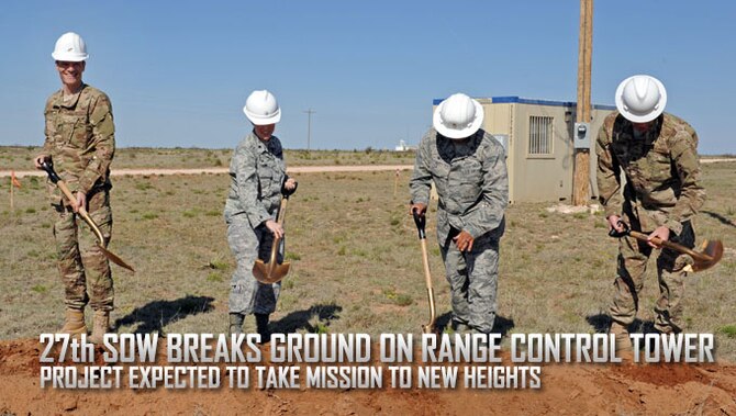 From left to right, Col. Ben Maitre, 27th Special Operations Wing Commander, Lt. Col. Shawn Young, 27th Special Operations Air Operations Squadron commander, Lt. Col. Tony Diaz, 27th Special Operations Contracting Squadron commander, and Lt. Col. Joel Sloan, 27th Special Operations Civil Engineer Squadron commander, break ground on the site where a new Range Control Officer Tower is scheduled to be built April 22, 2016 at Melrose Air Force Range, N.M. The RCO Tower is the point from which a designated officer controls activity on MAFR, a 70,000-acre Air Force primary training range that is integral to making sure Special Operations Forces attached to United States Special Operations Command stay lethal and relevant to today’s fight (U.S. Air Force photo/Staff Sgt. Whitney Amstutz)