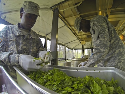 Pvt. 1st. Class Victoria Dyson, with the 733rd Transportation Company, left, prepares a salad for the annual Philip A. Connelly Award competition at Fort Indiantown Gap, Pa., April 23, 2016. (U.S. Army photo by Staff Sgt. Dalton Smith / Released)