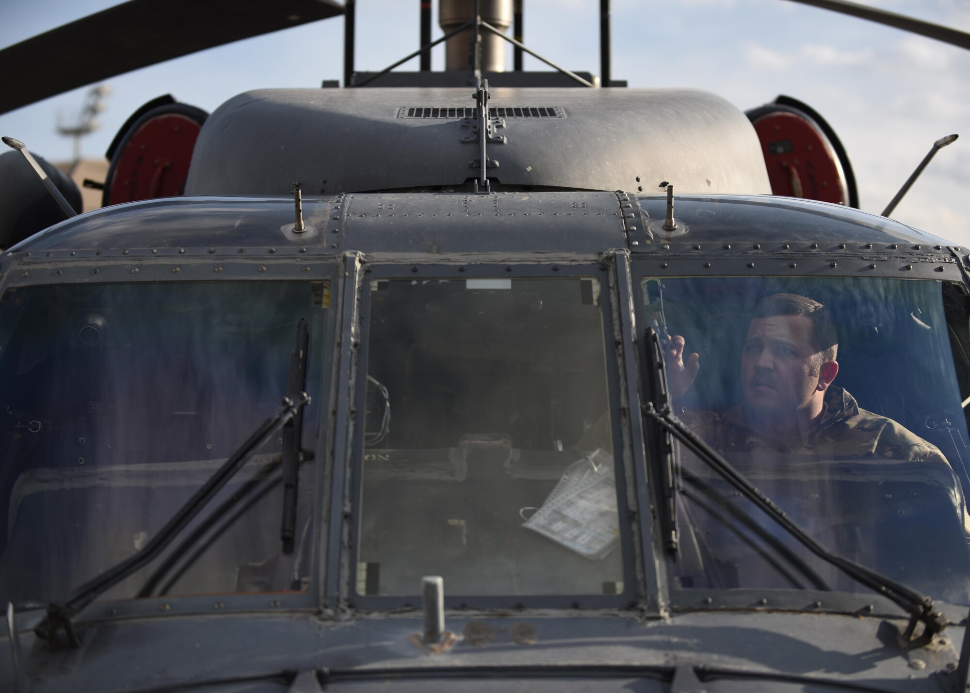 Staff Sgt. Ryan Wilkerson, 455th Expeditionary Aircraft Maintenance Squadron guidance and control journeyman, conducts a pre-flight inspection for a HH-60G Pave Hawk before takeoff at Bagram Airfield, Afghanistan, April 25, 2016. Members of the 455th Expeditionary Aircraft Maintenance Squadron ensure that aircraft at Bagram are prepared for flight and return them to a mission-ready state once they land. (U.S. Air Force photo by Senior Airman Justyn M. Freeman)