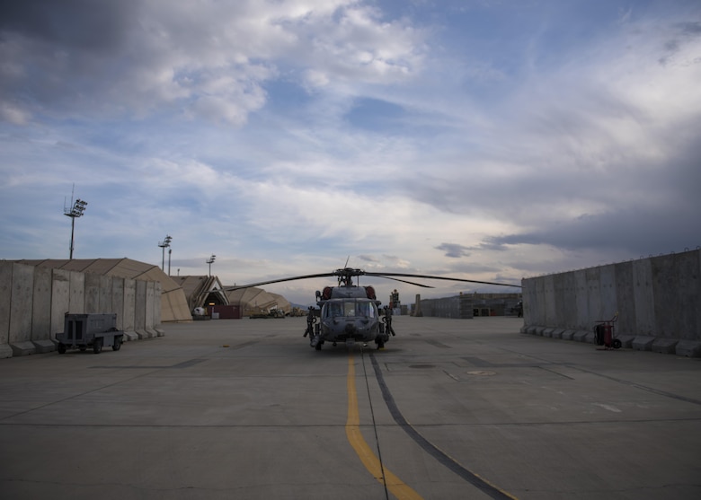 A HH-60G Pave Hawk, after the 455th Expeditionary Aircraft Maintenance Squadron conducted a pre-flight inspection, ready for takeoff at Bagram Airfield, Afghanistan, April 25, 2016. The HH-60G is a derivative of the UH-60 Black Hawk and incorporates the US Air Force PAVE electronics systems program with its main mission to insert and recover personnel. (U.S. Air Force photo by Senior Airman Justyn M. Freeman)