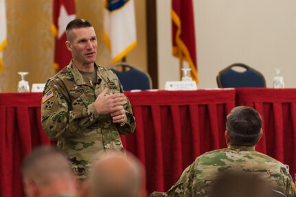 Sgt. Maj. of the Army Daniel A. Dailey, addresses U.S. Army Reserve senior leaders at the Iron Mike Conference, April 25, 2016, Fort Bragg, NC. “At the end of the day, if we fail to do anything else, if we fight and win, we have accomplished our mission for the taxpayers of the United States of America and have done our part for the joint force of the Department of Defense,” Dailey said. (U.S. Army photo by Timothy L. Hale) (Released)