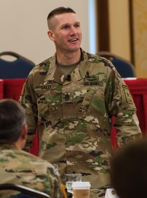 Sgt. Maj. of the Army Daniel A. Dailey, addresses U.S. Army Reserve senior leaders at the Iron Mike Conference, April 25, 2016, Fort Bragg, NC. “At the end of the day, if we fail to do anything else, if we fight and win, we have accomplished our mission for the taxpayers of the United States of America and have done our part for the joint force of the Department of Defense,” Dailey said. (U.S. Army photo by Timothy L. Hale) (Released)