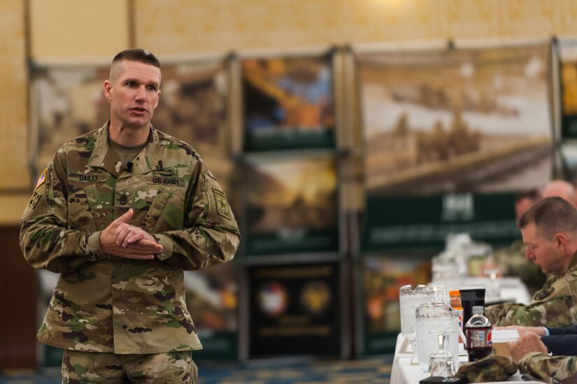 Sgt. Maj. of the Army Daniel A. Dailey, addresses U.S. Army Reserve senior leaders at the Iron Mike Conference, April 25, 2016, Fort Bragg, NC. “At the end of the day, if we fail to do anything else, if we fight and win, we have accomplished our mission for the taxpayers of the United States of America and have done our part for the joint force of the Department of Defense,” Dailey said. (U.S. Army photo by Timothy L. Hale) (Released)