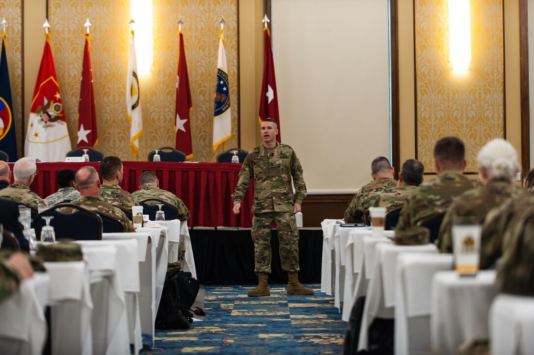 Sgt. Maj. of the Army Daniel A. Dailey, addresses U.S. Army Reserve senior leaders at the Iron Mike Conference, April 25, 2016, Fort Bragg, NC. “At the end of the day, if we fail to do anything else, if we fight and win, we have accomplished our mission for the taxpayers of the United States of America and have done our part for the joint force of the Department of Defense,” Dailey said. (U.S. Army photo by Timothy L. Hale) (Released)