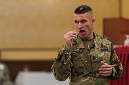 Sgt. Maj. of the Army Daniel A. Dailey, addresses U.S. Army Reserve senior leaders at the Iron Mike Conference, April 25, 2016, Fort Bragg, NC. “At the end of the day, if we fail to do anything else, if we fight and win, we have accomplished our mission for the taxpayers of the United States of America and have done our part for the joint force of the Department of Defense,” Dailey said. (U.S. Army photo by Timothy L. Hale) (Released)