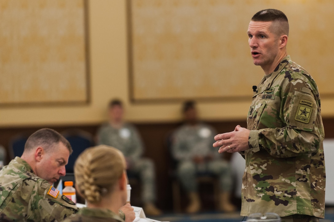 Sgt. Maj. of the Army Daniel A. Dailey, addresses U.S. Army Reserve senior leaders at the Iron Mike Conference, April 25, 2016, Fort Bragg, NC. “At the end of the day, if we fail to do anything else, if we fight and win, we have accomplished our mission for the taxpayers of the United States of America and have done our part for the joint force of the Department of Defense,” Dailey said. (U.S. Army photo by Timothy L. Hale) (Released)