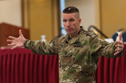 Sgt. Maj. of the Army Daniel A. Dailey, addresses U.S. Army Reserve senior leaders at the Iron Mike Conference, April 25, 2016, Fort Bragg, NC. “At the end of the day, if we fail to do anything else, if we fight and win, we have accomplished our mission for the taxpayers of the United States of America and have done our part for the joint force of the Department of Defense,” Dailey said. (U.S. Army photo by Timothy L. Hale) (Released)