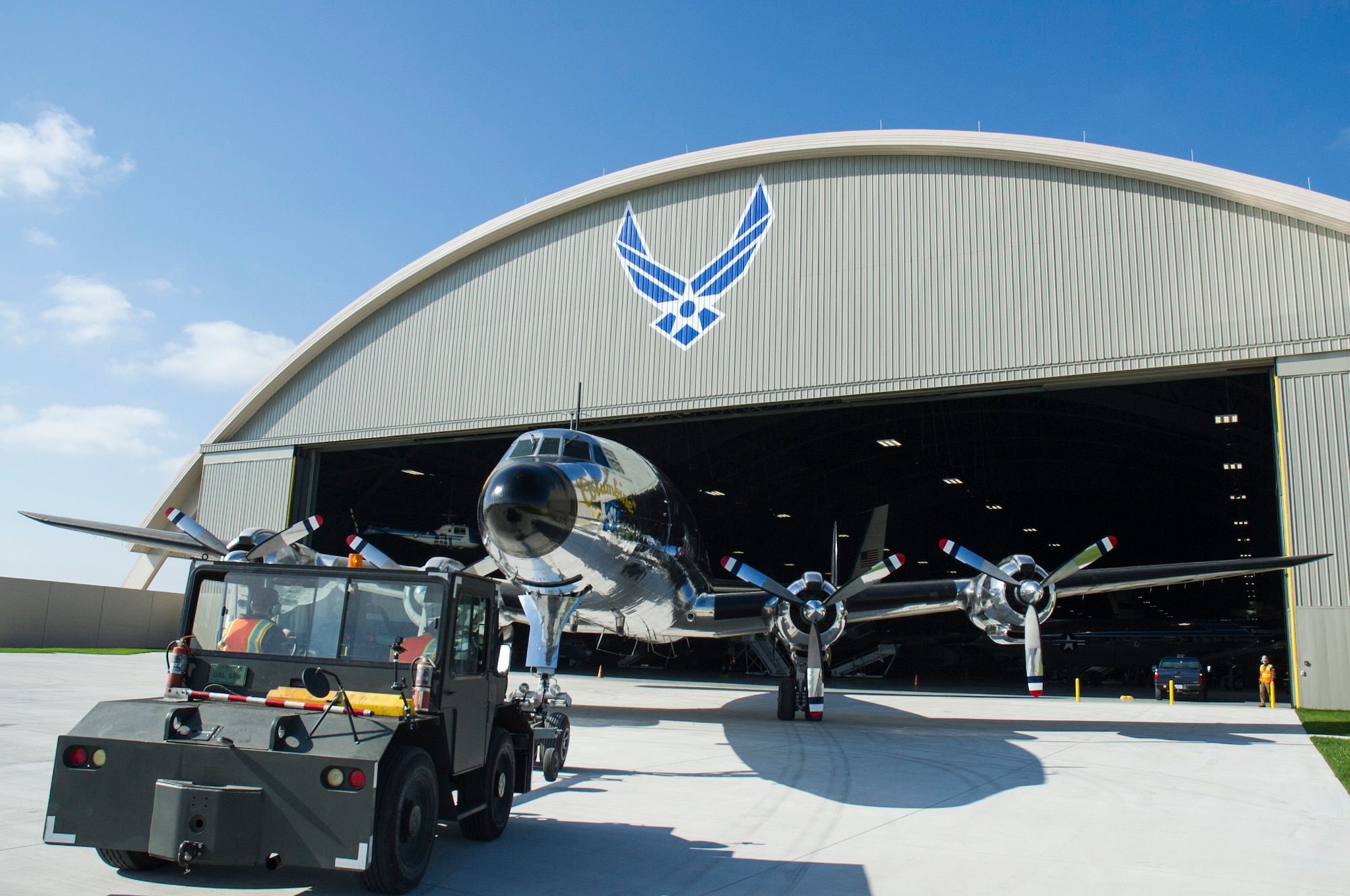 DAYTON, Ohio -- The Lockheed VC-121E “Columbine III” being towed into the fourth building at the National Museum of the United States Air Force on April 23, 2016. This aircraft is one of ten Presidential aircraft in the collection. (U.S. Air Force photo by Ken LaRock)
