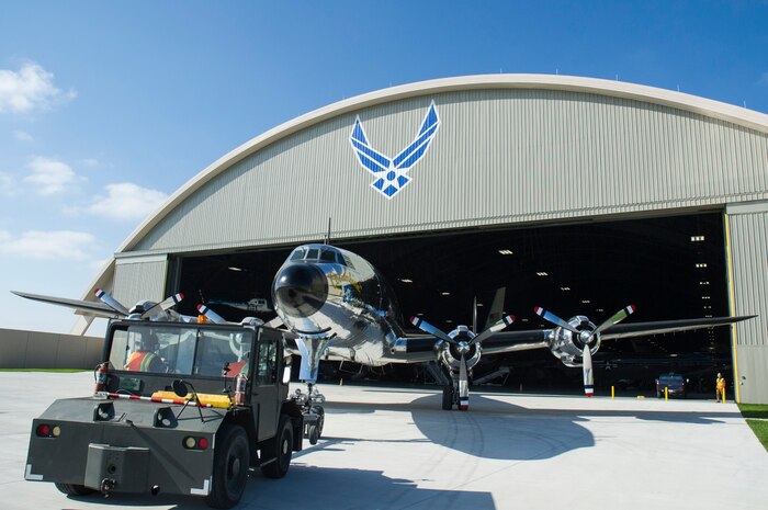 DAYTON, Ohio -- The Lockheed VC-121E “Columbine III” being towed into the fourth building at the National Museum of the United States Air Force on April 23, 2016. This aircraft is one of ten Presidential aircraft in the collection. (U.S. Air Force photo by Ken LaRock)
