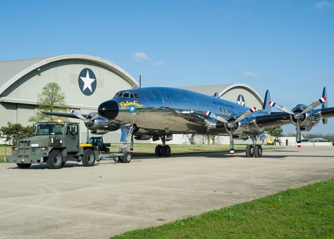 DAYTON, Ohio -- The Lockheed VC-121E “Columbine III” being towed to the fourth building at the National Museum of the United States Air Force on April 23, 2016. This aircraft is one of ten Presidential aircraft in the collection. (U.S. Air Force photo by Ken LaRock)
