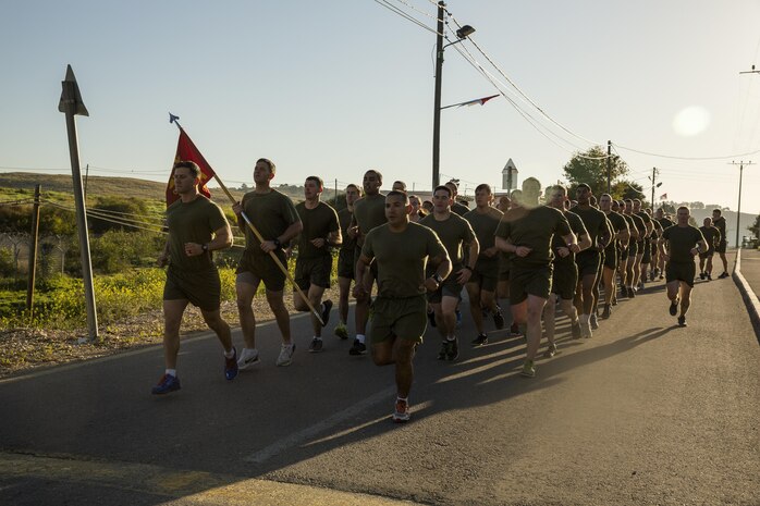 U.S. Marines with Black Sea Rotational Force participate in a unit run during Exercise Juniper Cobra in Israel, Feb. 13, 2016. JC is a combined Israeli-U.S. exercise designed to improve interoperability between the two countries' armed forces. (U.S. Marine Corps photo by Cpl. Kelly L. Street, 2D MARDIV COMCAM/Released)