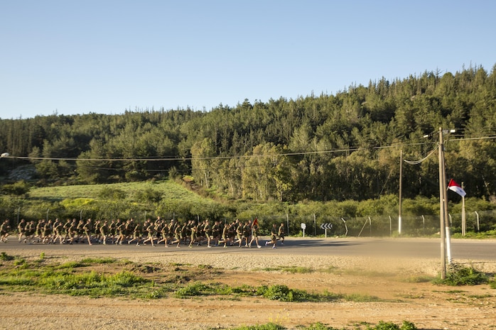 U.S. Marines with Black Sea Rotational Force participate in a unit run during Exercise Juniper Cobra in Israel, Feb. 13, 2016. JC is a combined Israeli-U.S. exercise designed to improve interoperability between the two countries' armed forces. (U.S. Marine Corps photo by Cpl. Kelly L. Street, 2D MARDIV COMCAM/Released)