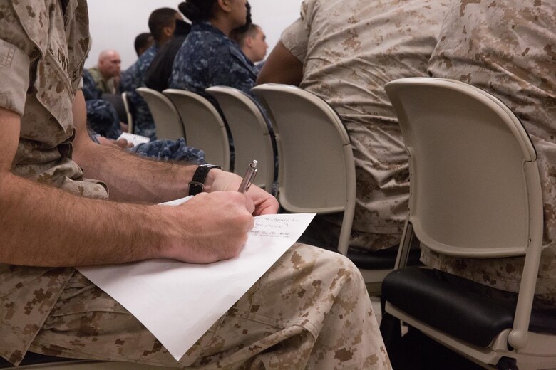 Students take notes during a Basic Brig Escort course aboard Marine Corps Air Station Miramar, Calif., April 19. The instructors with Naval Consolidated Brig Miramar certified 60 service members as basic escorts which will enable them to conduct prisoner escorts aboard MCAS Miramar and Marine Corps Base Camp Pendleton. (U.S. Marine Corps photo by Sgt. Lillian Stephens/Released)