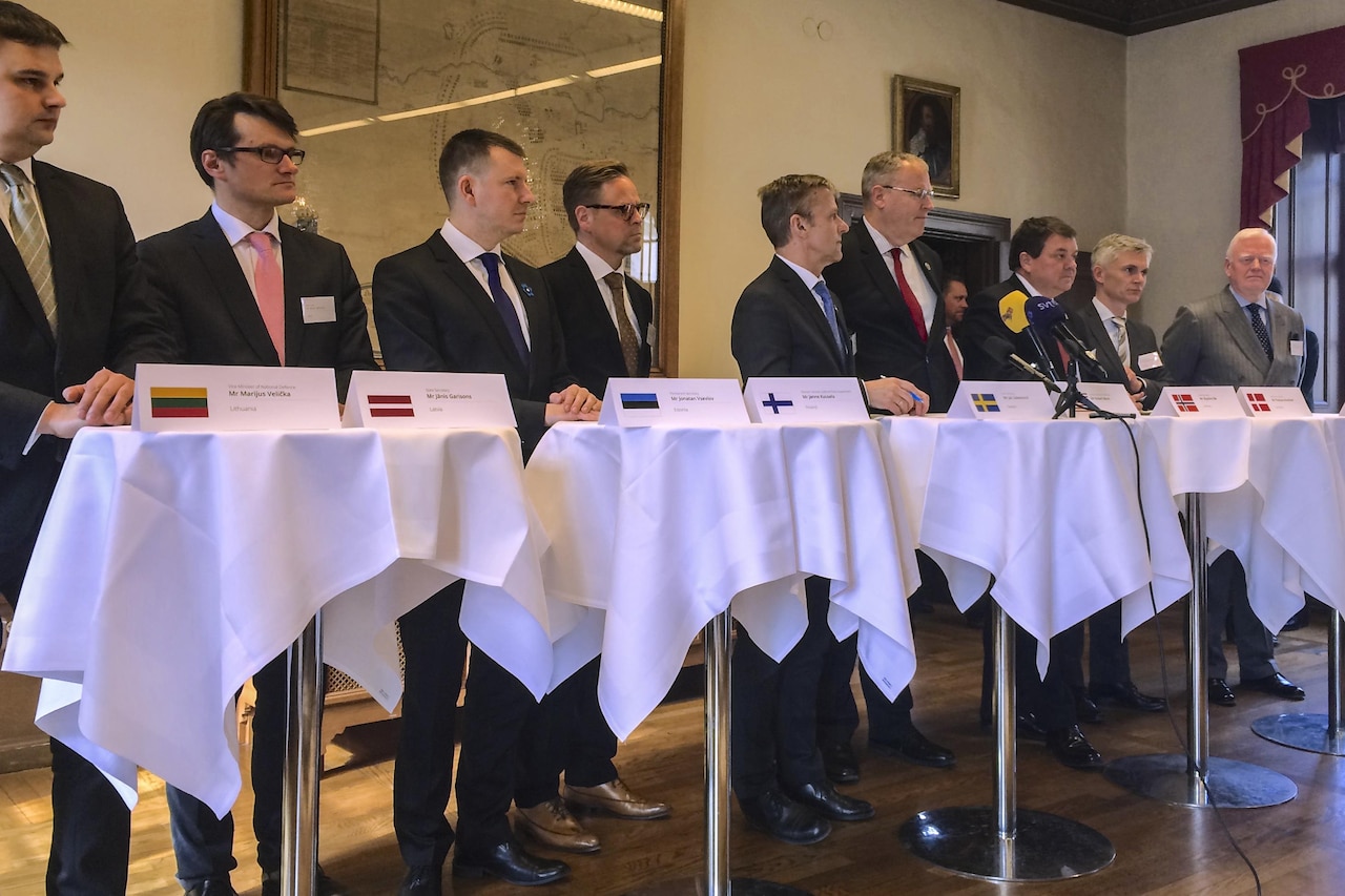 Deputy Defense Secretary Bob Work, fourth from right, holds a press conference at Karlsberg Castle in Stockholm, April 26, 2016, after meeting with representatives of Nordic states, including the Baltic states of Estonia, Latvia and Lithuania. Work is on a weeklong trip to Sweden and Belgium to meet with regional leaders and NATO officials. DoD photo by Cheryl Pellerin
