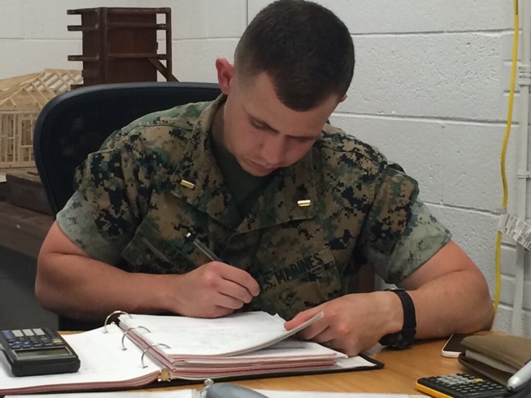 On April 22, 2016 Second Lieutenant Troy Searcy, a Marine attached to Combat Engineer Officer course 5-16 (CEO 5-16); conducts a practical application in estimating material requirements for vertical construction at Marine Corps Engineer School aboard Camp Lejeune, N.C. In order to successfully execute a construction project, Combat Engineer Officers must be able to accurately determine the amount of materials needed to perform a construction project. 
