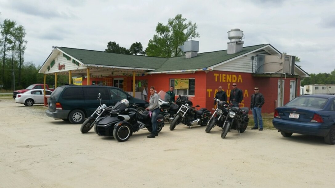 On April 21, 2016 members of the Marine Corps Engineer School Motorcycle Mentorship Program participated in a ride to Seven Springs, N.C. The purpose of the club is to promote safe riding practices, share experiences and knowledge amongst various levels of riders, and build camaraderie. Pictured from left to right:  Gunnery Sergeant Staci Brown, Master Sergeant Shawn Fowler, Jon Batchelor, Staff Sergeant Dallas Mason, and Staff Sergeant Jordan Tributino.

