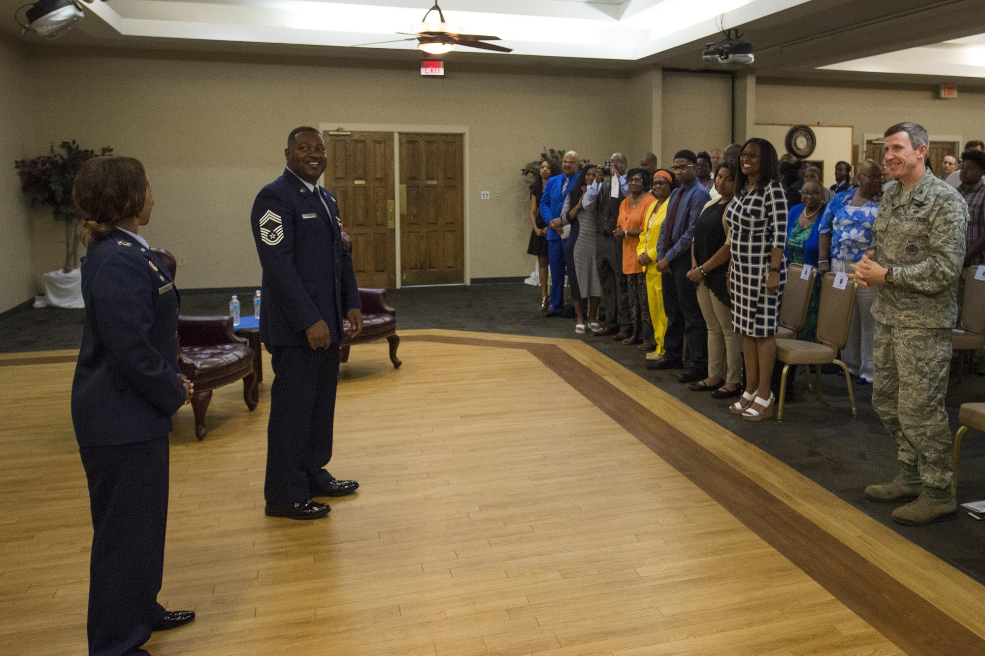 U.S. Air Force Col. Yvonne Spencer, 819th Red Horse Squadron commander, gives the audience a brief description of Chief Master Sgt. Will Hardin Jr.’s career, April 22, 2016, at Moody Air Force Base, Ga. Hardin served the U.S. Air Force for more than 30 years. (U.S. Air Force photo by Airman Daniel Snider/Released)
