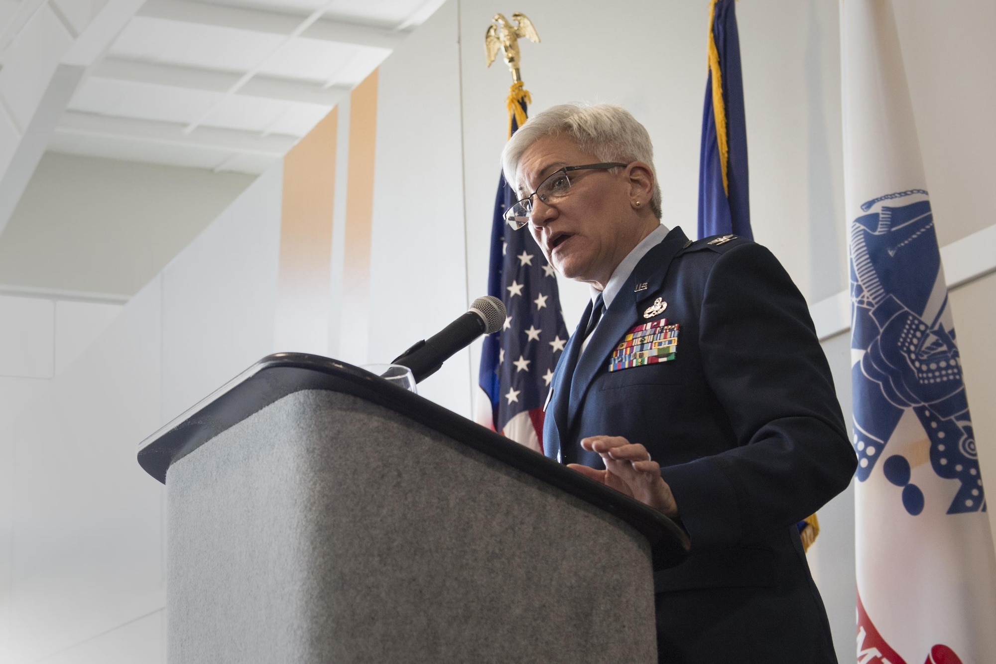 Col. Anna Schulte, 434th Maintenance Group commander, gives a speech at the 2016 Indiana Woman Veterans’ Conference in Indianapolis, April 15, 2016. In her speech, Schulte detailed the accomplishments made by woman veterans throughout our nation’s history. (U.S. Air Force photo/Tech. Sgt. Benjamin Mota)