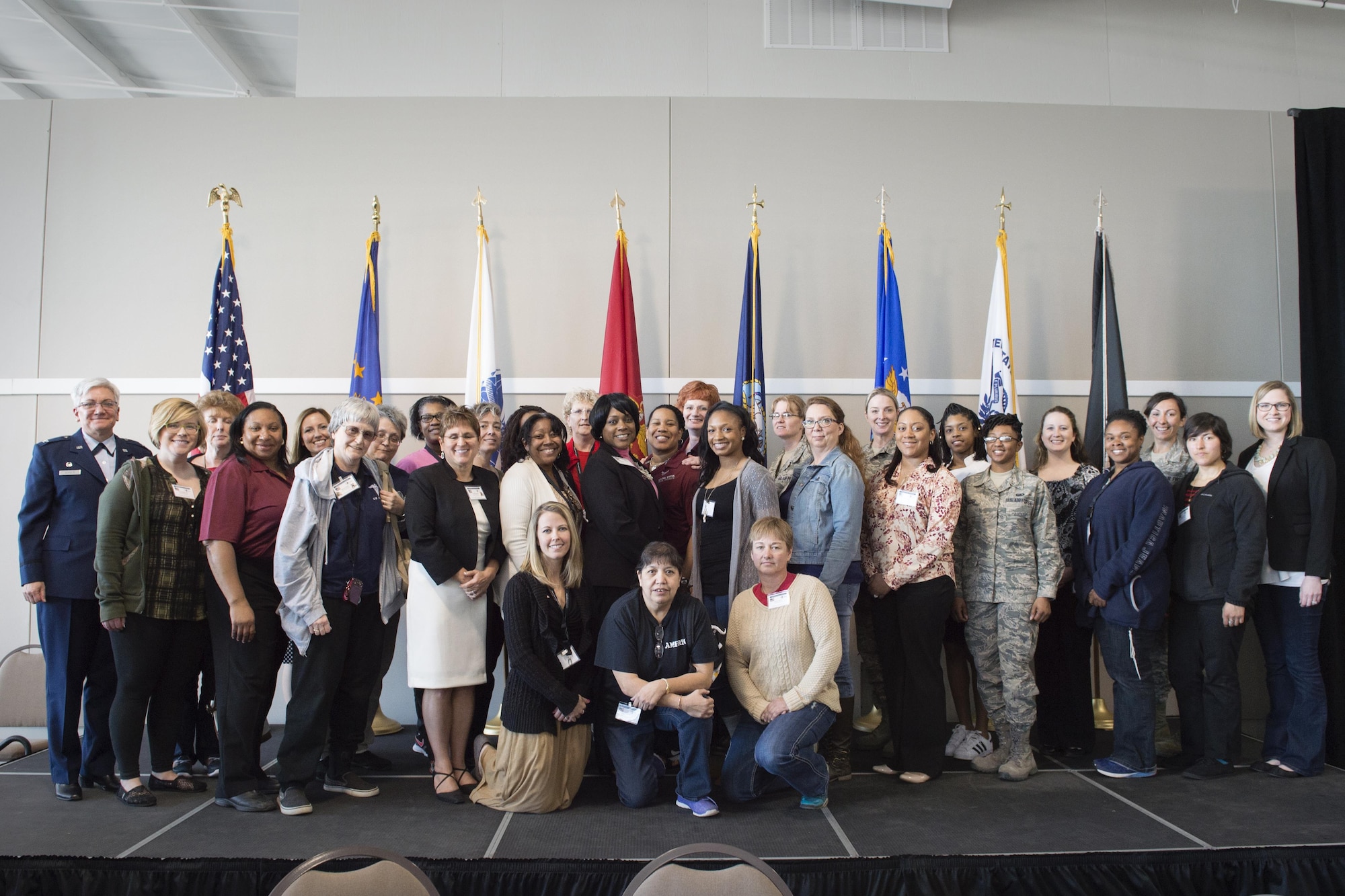 Women from Grissom Air Reserve Base pose for a photo during the 2016 Indiana Woman Veterans’ Conference in Indianapolis, April 15, 2016. Grissom’s participation in the event featured more than 40 attendees and additional support staff who provided a variety of services.  (U.S. Air Force photo/Tech. Sgt. Benjamin Mota)