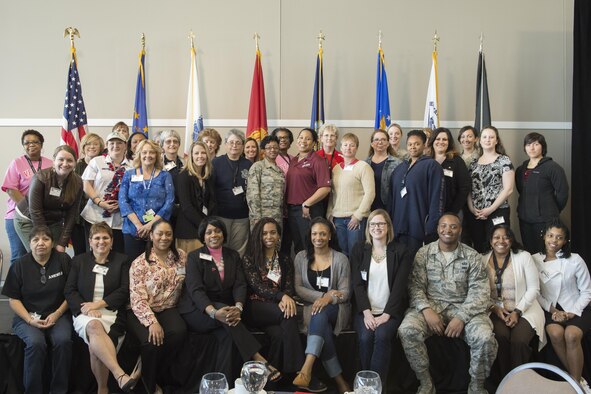 United States Air Force veterans pose for a photo during the 2016 Indiana Woman Veterans’ Conference in Indianapolis, April 15, 2016. The event was held to bring awareness to Indiana women veterans and also provided a variety of workshops for attendees. (U.S. Air Force photo/Tech. Sgt. Benjamin Mota)
