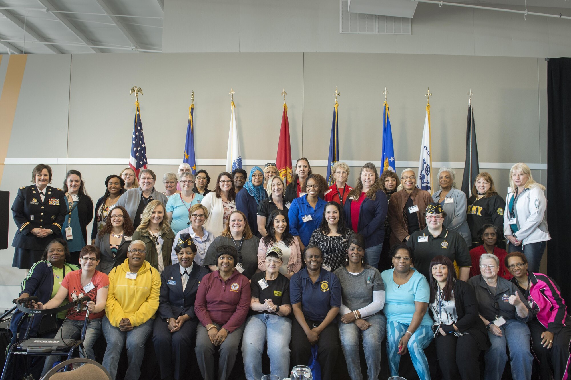 United States Army veterans pose for a photo during the 2016 Indiana Woman Veterans’ Conference in Indianapolis, April 14, 2016. The event was held to bring awareness to Indiana women veterans and also provided a variety of workshops for attendees. (U.S. Air Force photo/Tech. Sgt. Benjamin Mota)