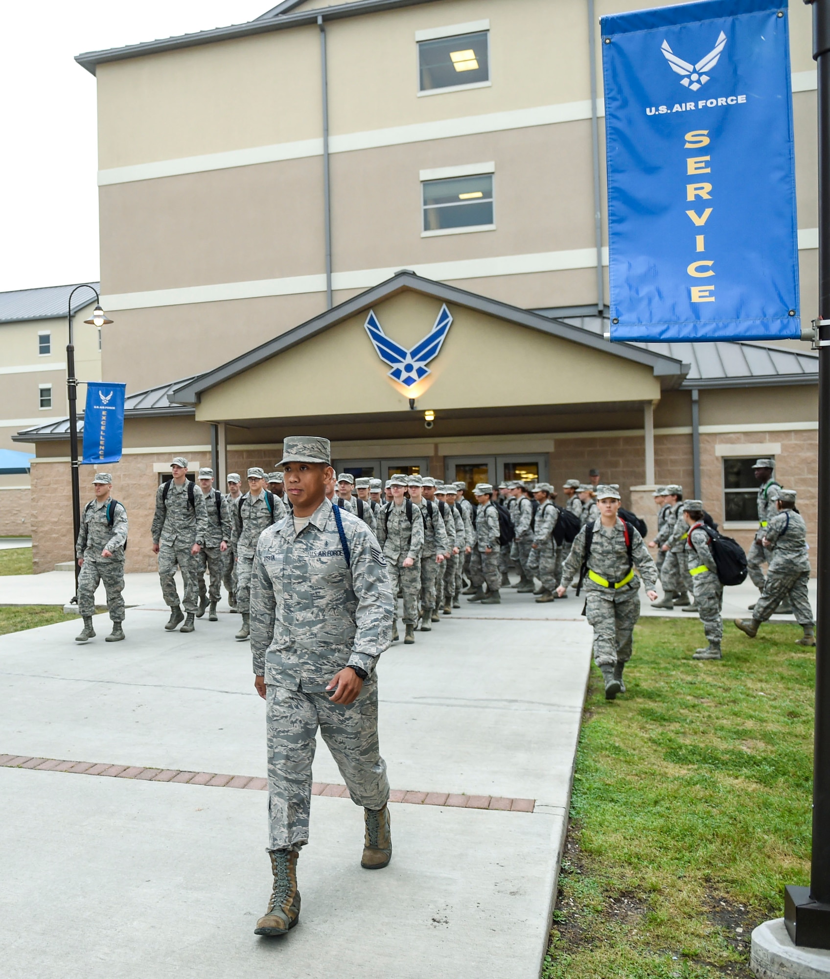 Staff Sgt. Mark Visita, 59th Training Group military training leader, marches technical training students to class April 14, 2016, on Joint Base San Antonio-Fort Sam Houston, Texas. Less than two dozen military training leaders are responsible for more than 5,000 technical training students annually. (U.S. Air Force photo/Staff Sgt. Michael Ellis) 