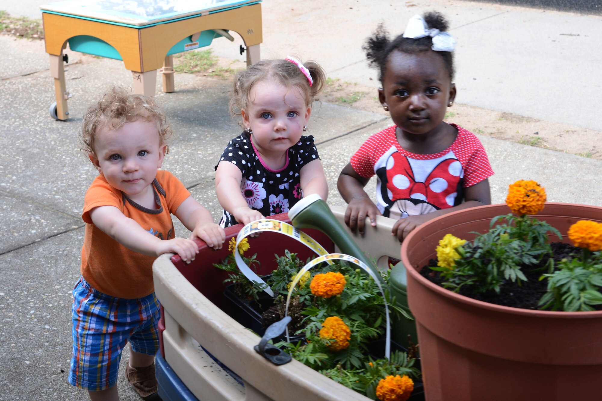 Team Shaw children enrolled in the 20th Force Support Squadron Chandler Cornell Child Development Center push a wagon of gardening supplies on the CDC playground at Shaw Air Force Base, S.C., April 25, 2016. Planting the flowers was an educational activity for the children, who used the opportunity to sharpen their senses by exploring the colors, textures and scents of the various plants. (U.S. Air Force photo by Senior Airman Zade Vadnais)