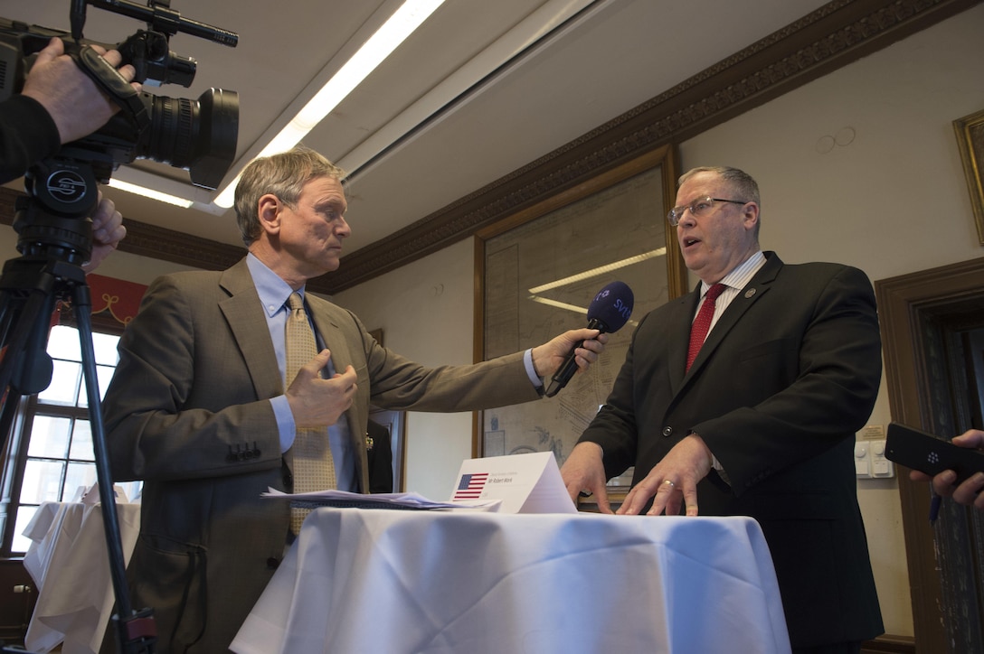 Deputy Defense Secretary Bob Work speaks during an interview with Sveriges Television in Stockholm, April 26, 2016. Work is on a weeklong trip to Sweden and Belgium to meet with regional leaders and NATO officials. DoD photo by Navy Petty Officer 1st Class Tim D. Godbee