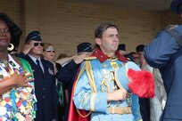 King Antonio XCIV Hunt Winton III renders respect during the national anthem,during
the Royal Review of the 2016 Air Force Basic Military Training Fiesta Basic Military
Training graduation April 15 at Joint Base
San Antonio-Lackland. Winton was crowned as King Antonio XCIV by the Fiesta San Antonio Commission, which preserves and promotes the culture, history, heritage and traditions of San Antonio during Fiesta. Fiesta San Antonio is a celebration of military history surrounding the siege and final assault on the Alamo in San Antonio and the Battle of San Jacinto, Texas, both occurring in 1836. 