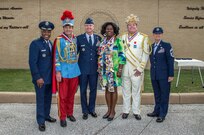 Members of Air Education and Training Command and 37th Training Wing leadership are pictured with members of the Royal Party for Fiesta events after the royal review of the Basic Military Training graduation April 15 At Joint Base San Antonio-Lackland. The royal review is a military tradition dating back to at least 1950 that allows Fiesta royalty, to include King Antonio and El Rey Feo, to tour JBSA-Lackland each April and attend a BMT graduation parade ceremony. (U.S. Air Force photo by Johnny Saldivar/Released) 
